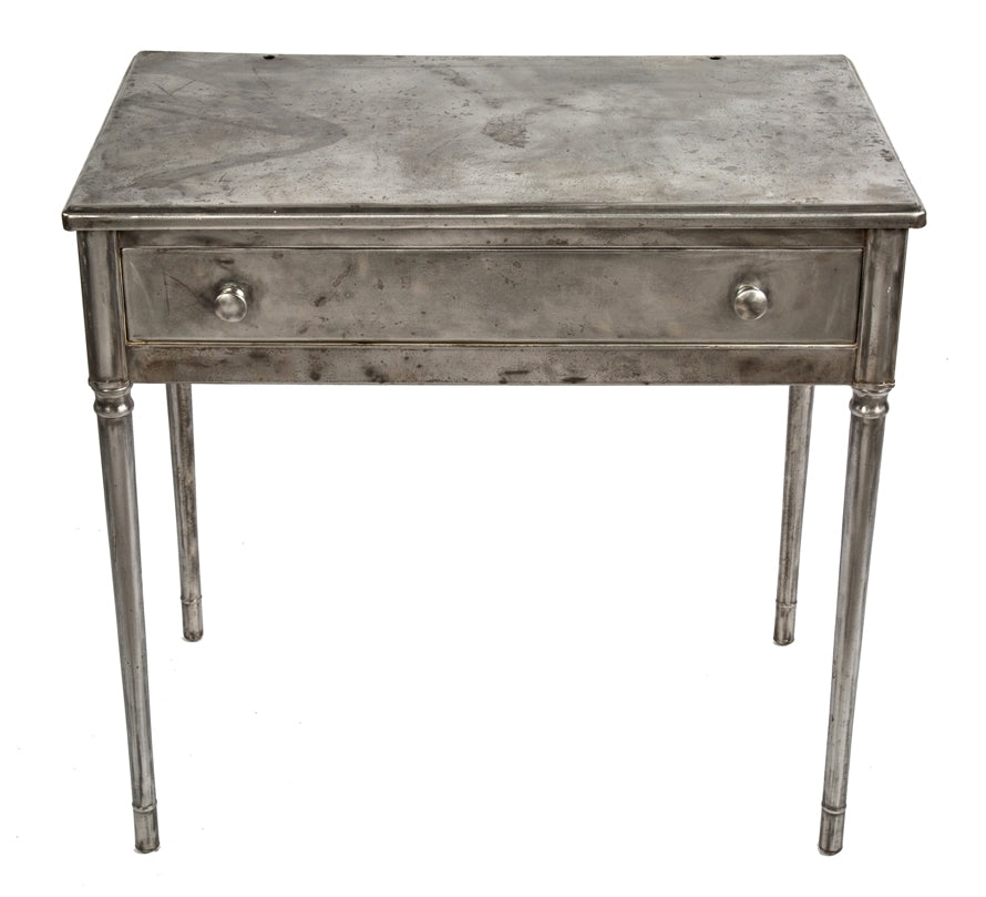 refinished american depression-era pressed and folded "uhl art steel" four-legged stationary desk or side table with single pull-out drawer