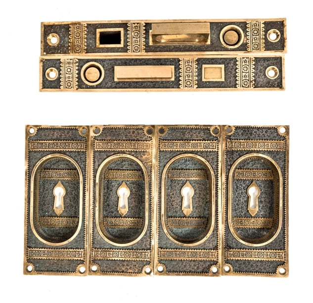 original 1880's cast bronze oversized salvaged chicago "ivy" pattern interior residential pocket door plates and matching fully functional mortise locks