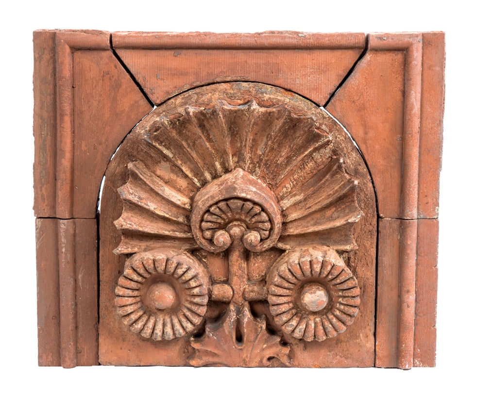 all original museum quality c. 1884 louis h. sullivan-designed exterior scoville building red slip glazed terra cotta lunette with segmented surround and deep undercuts