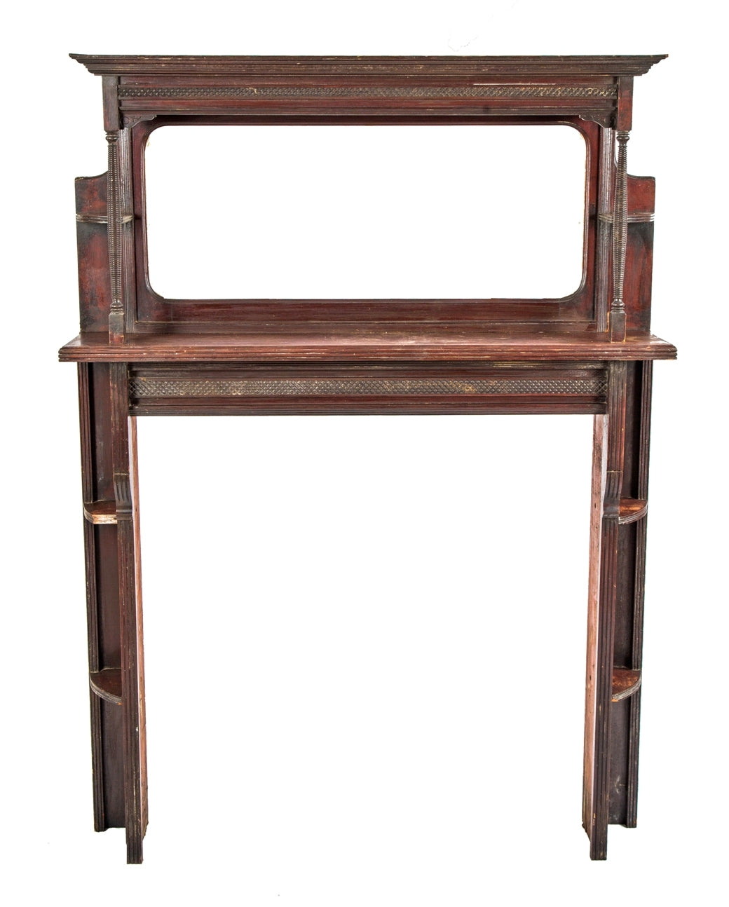 hard to find original c. 1880's american eastlake style solid cherry wood salvaged chicago interior residential fireplace mantel with intact beveled edge mirror