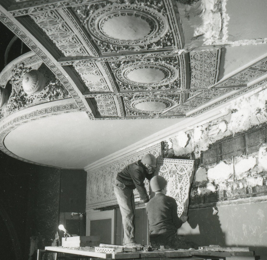 original frank lloyd wright-designed 1892 schiller building interior auditorium cast plaster balcony molding