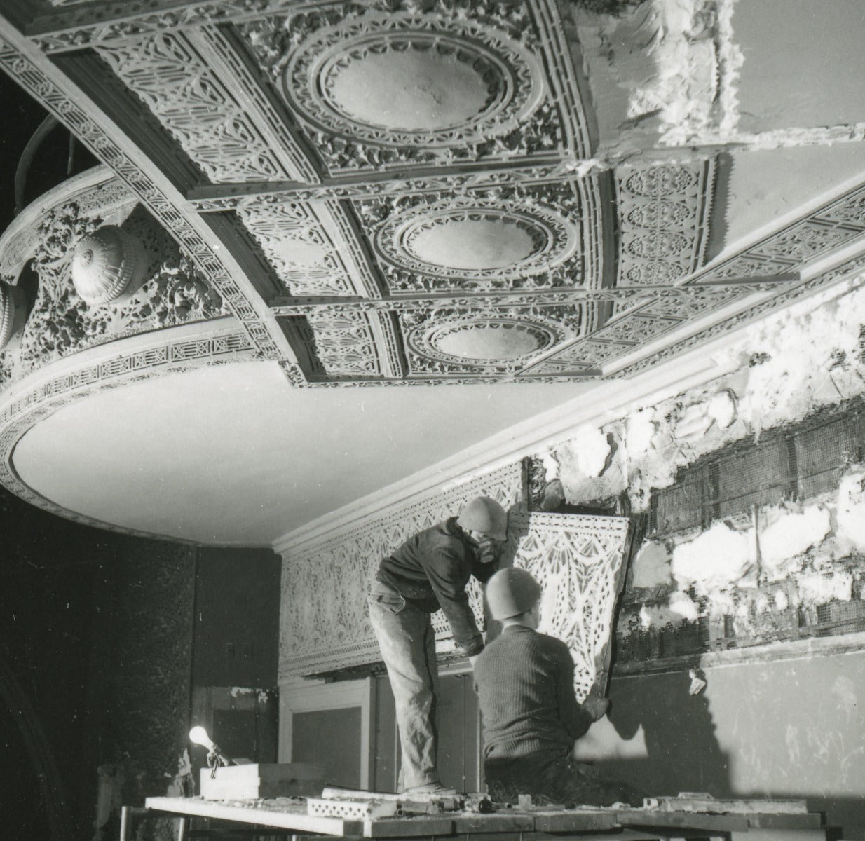 original frank lloyd wright-designed 1892 schiller building interior auditorium cast plaster balcony molding