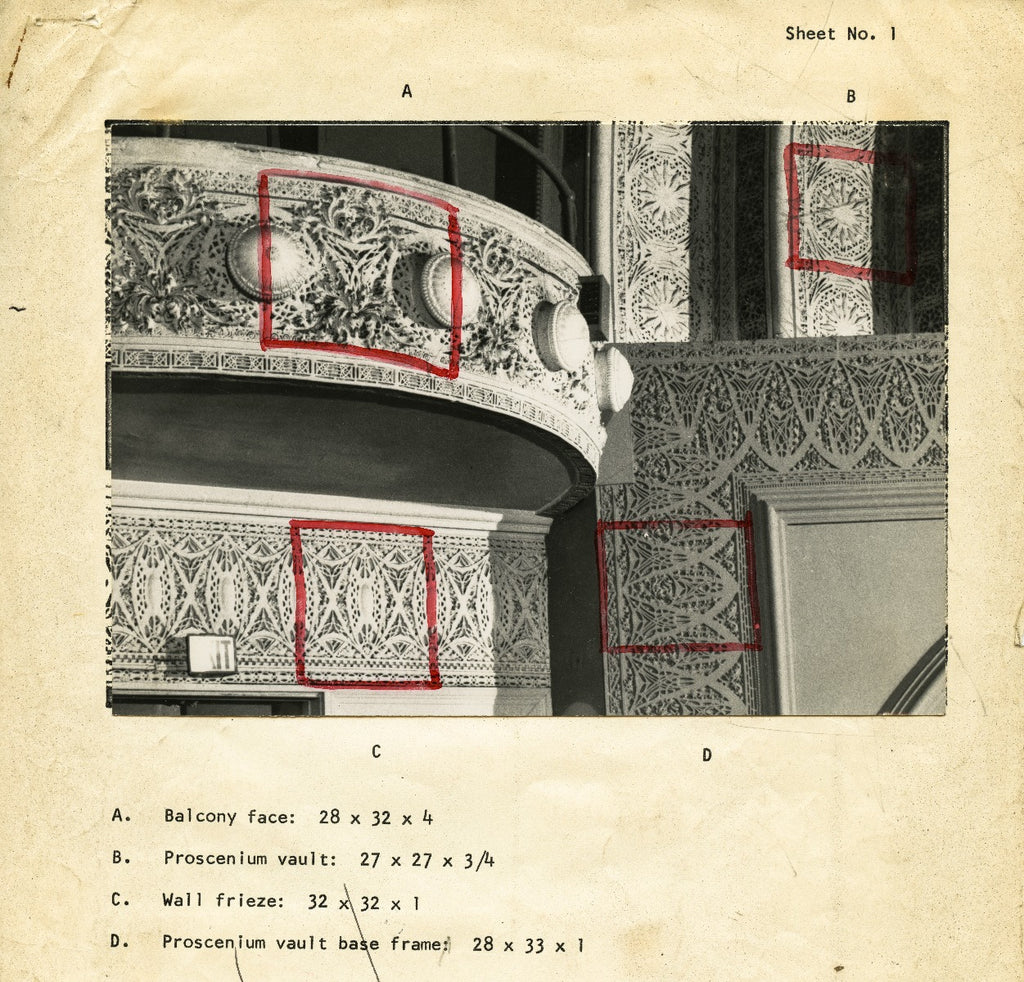 original museum-quality schiller building or garrick theater interior auditorium richly ornamented cast plaster balcony panel