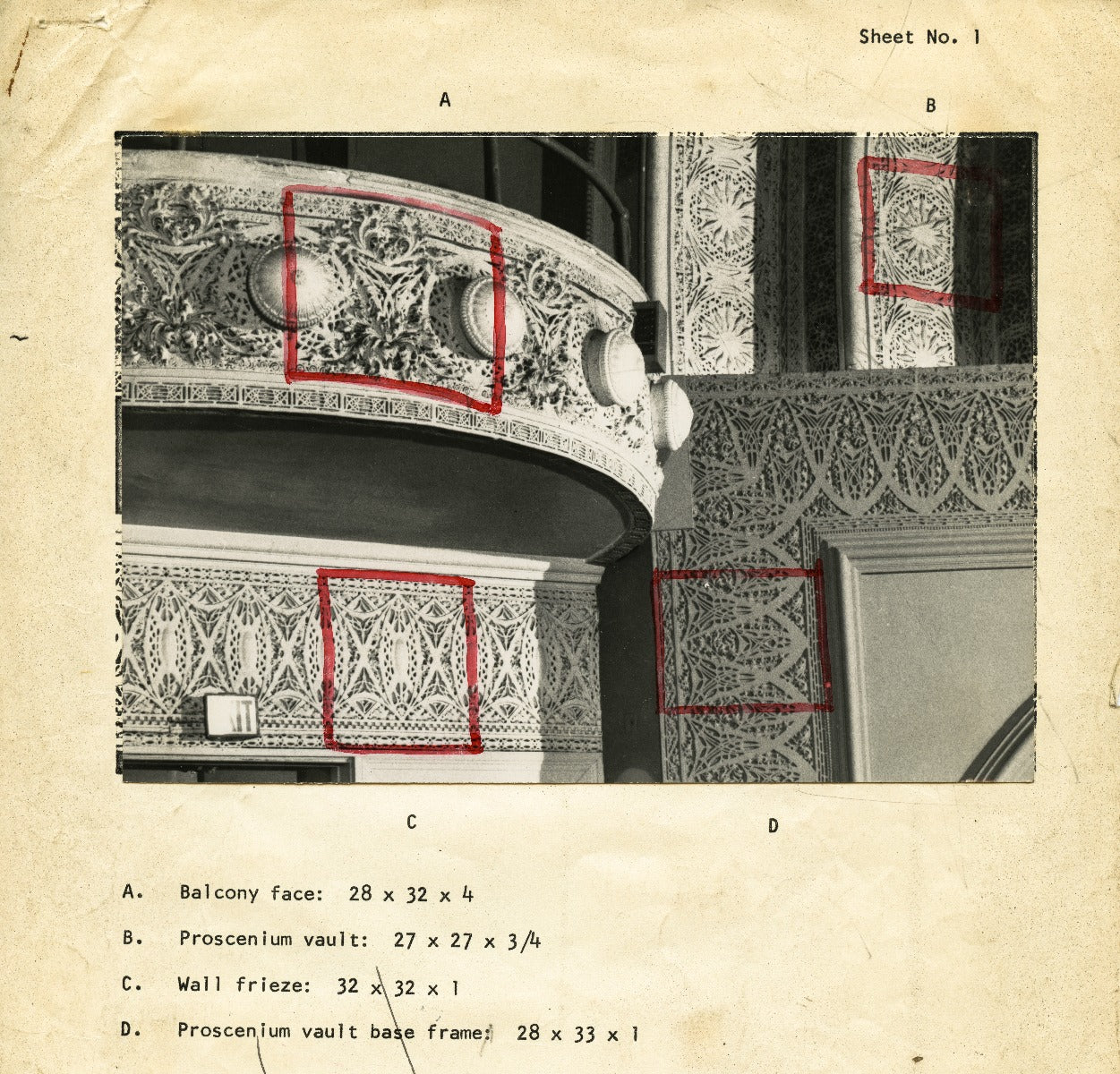 original museum-quality schiller building or garrick theater interior auditorium richly ornamented cast plaster balcony panel