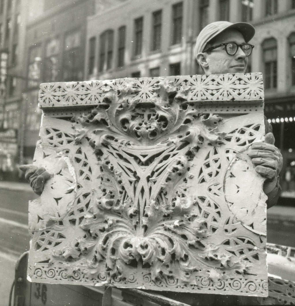 original museum-quality schiller building or garrick theater interior auditorium richly ornamented cast plaster balcony panel