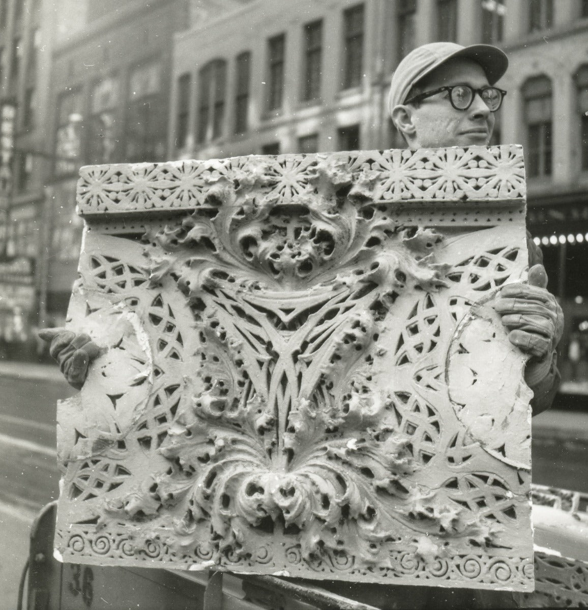 original museum-quality schiller building or garrick theater interior auditorium richly ornamented cast plaster balcony panel