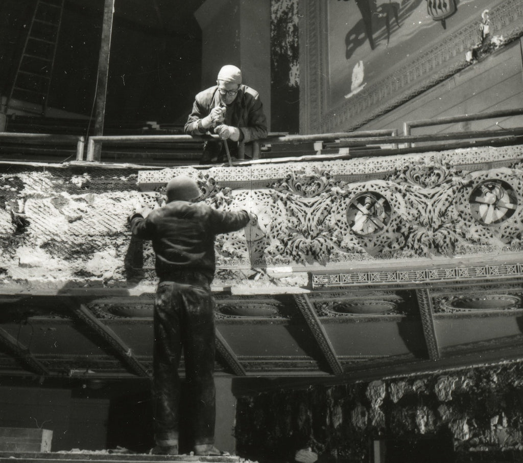 original frank lloyd wright-designed 1892 schiller building interior auditorium cast plaster balcony molding