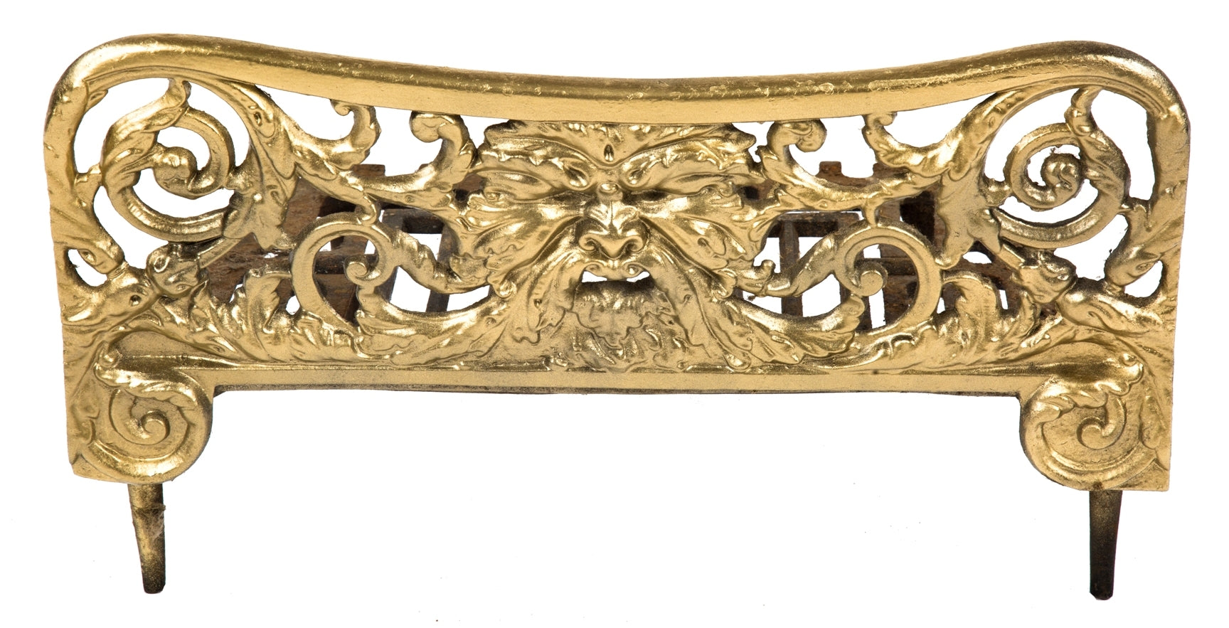 late 19th or early 20th century gold enameled ornamental cast iron interior residential fireplace coat grate with figural "green man" face