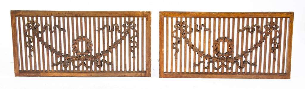 one of three matching original antique american victorian era double-sided oak wood salvaged chicago room divider screens or grilles with fanciful gesso ornament
