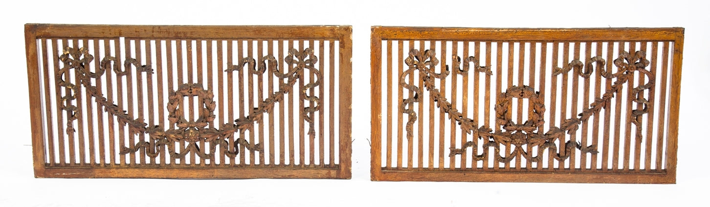 one of three matching original antique american victorian era double-sided oak wood salvaged chicago room divider screens or grilles with fanciful gesso ornament