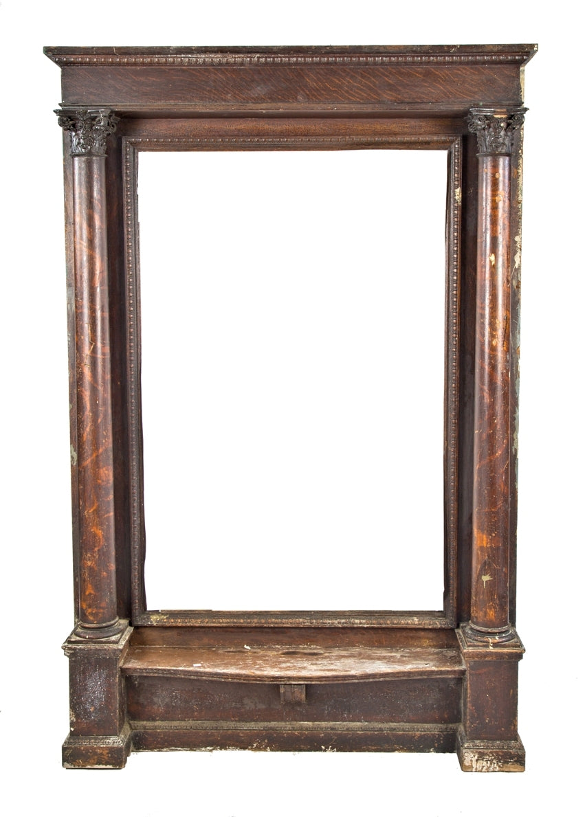 original late 1890's oversized salvaged chicago quartered oak wood freestanding console or pier mirror with intact beveled edge mirror