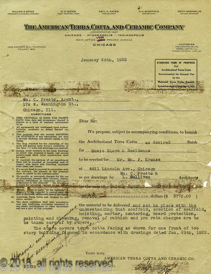 original 1922 spray-glazed louis h. sullivan-designed krause music store terra cotta storefront window surround assemblage