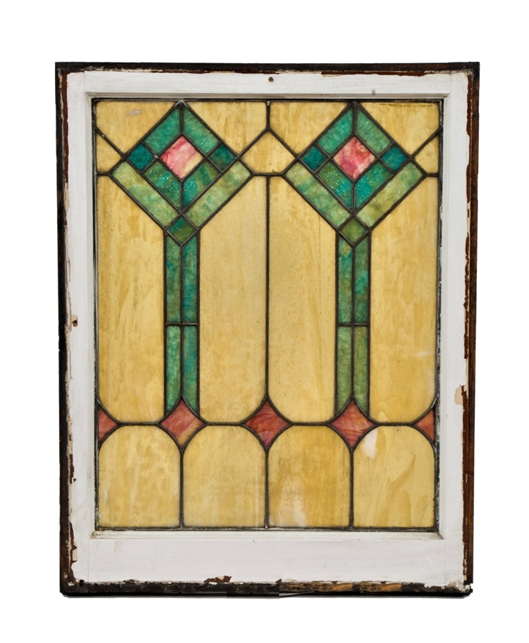 vibrantly colored original "prairie school" style strongly geometric salvaged chicago interior residential stained glass window with original wood sash frame