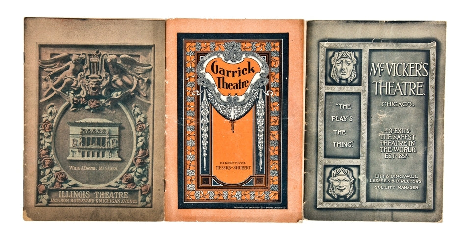 group of three original early 20th century softbound and stapled theater programs or bills for the garrick, mcvicker's, and illinois theater