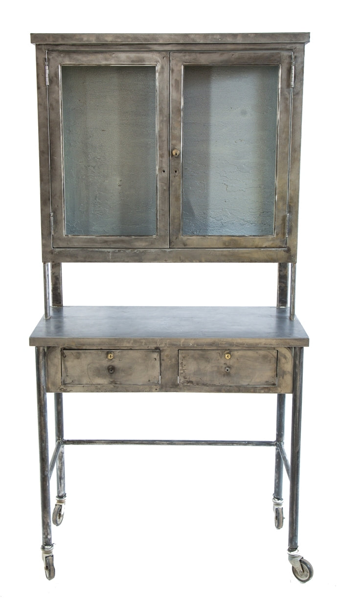 highly desirable early 20th century antique american medical refinished pressed and folded steel medical cabinet with sliding drawers and sidelights