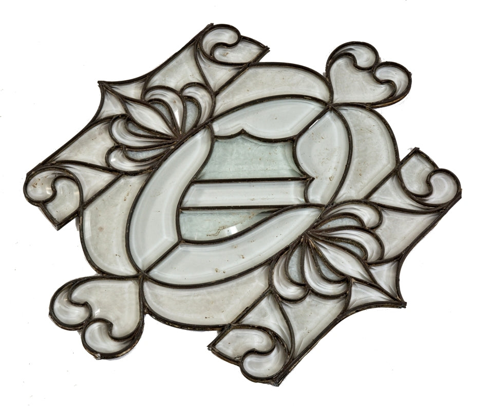 original late 19th or early 20th century salvaged chicago all-beveled leaded glass window fragment with centrally located crest