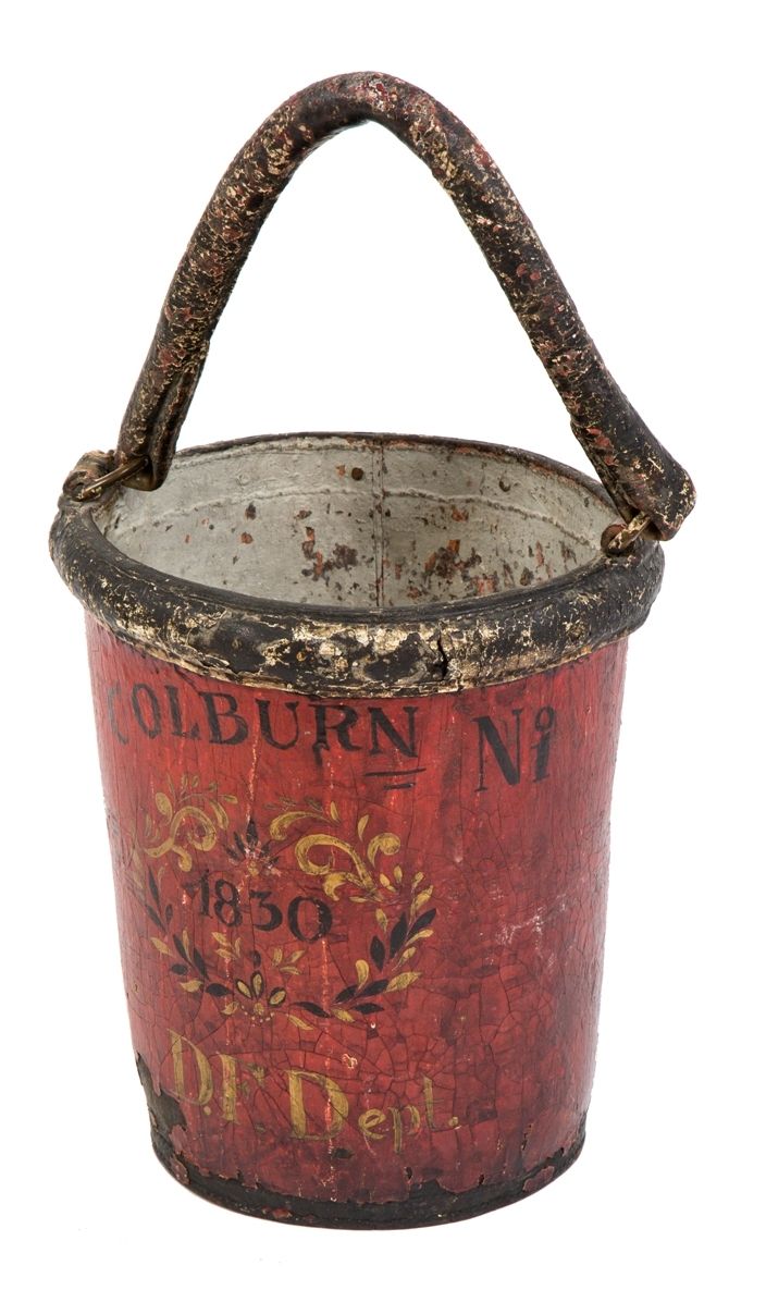 original 1830 hand-painted detroit fire department leather fire bucket with allover crazing and original drop handle
