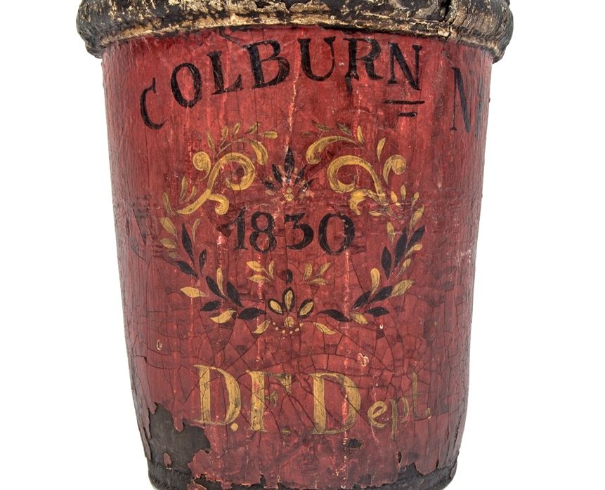 original 1830 hand-painted detroit fire department leather fire bucket with allover crazing and original drop handle