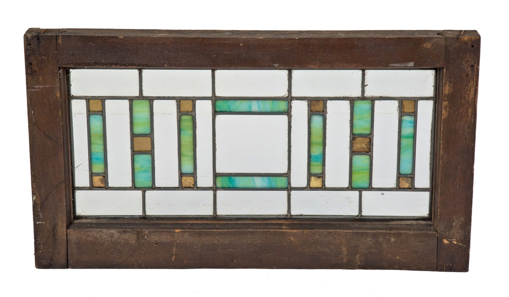 early 20th century strongly geometric salvaged chicago leaded glass transom window with variegated and gold flash glass