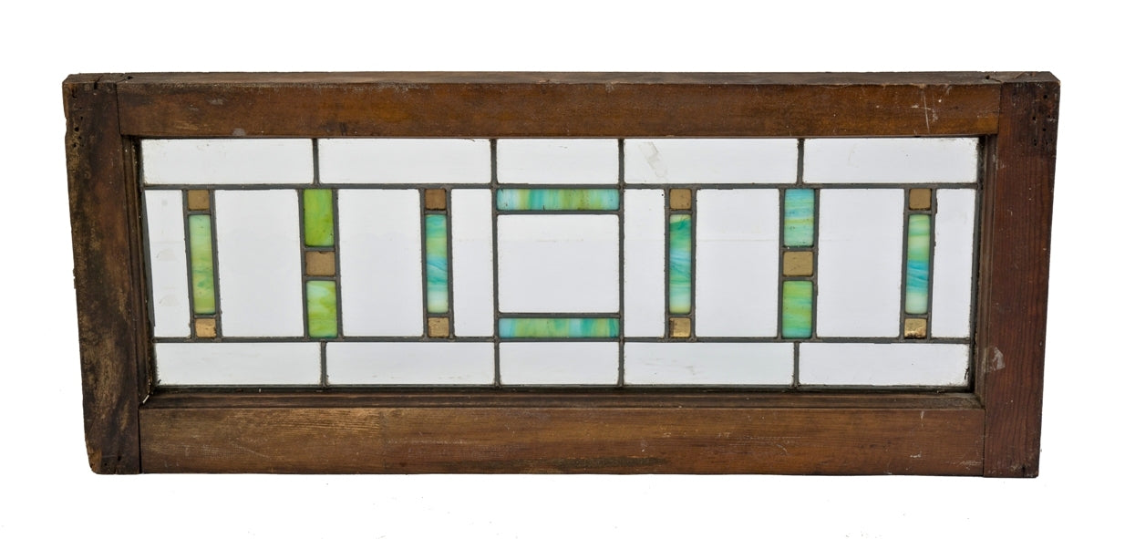 original early 20th century strongly geometric salvaged chicago leaded glass transom window with variegated and gold flash glass