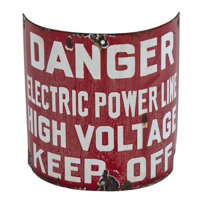 original and remarkably intact very unique c. 1920's antique american salvaged chicago vintage industrial single-sided porcelain enameled overhead power line utility pole danger sign