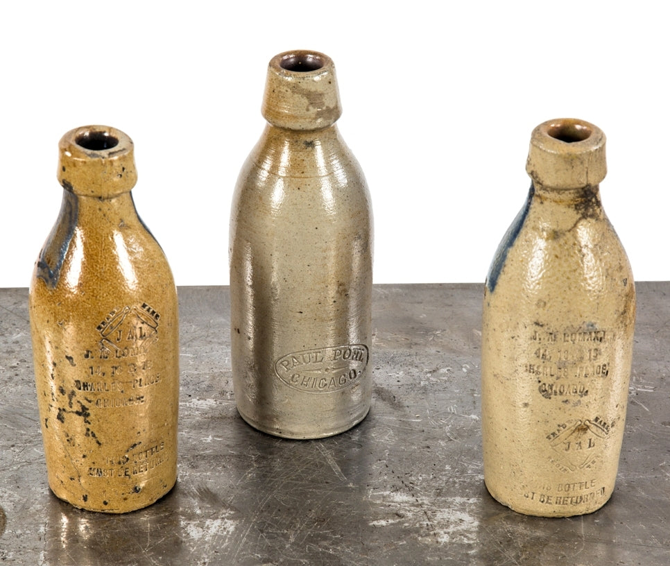three 19th century original and intact unearthed chicago privy pit john lomax and paul pohl dug pottery bottles with lightly incised lettering