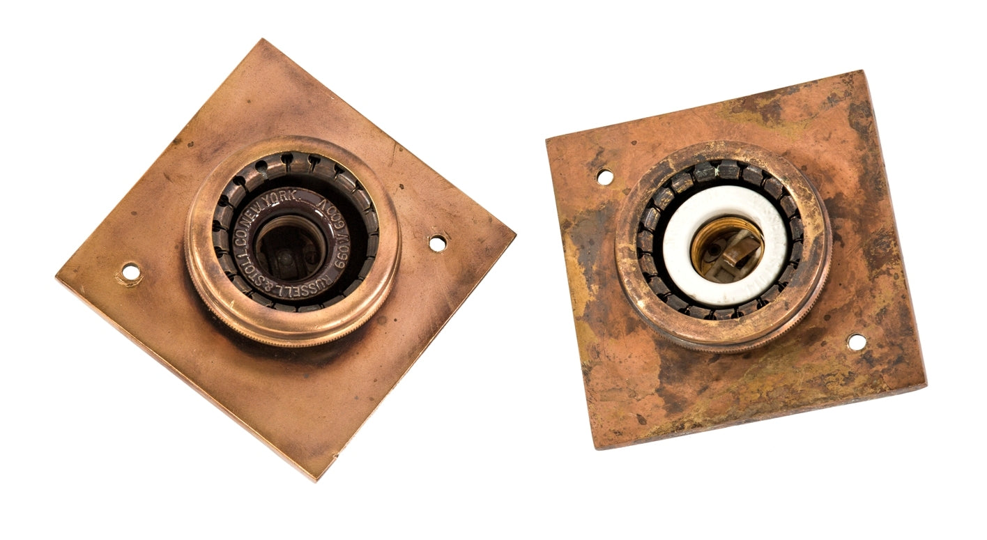 two original c. 1912-15 original antique american industrial new york city subway flush mount single light pendant station incandescent fixtures with distinct knurled rings