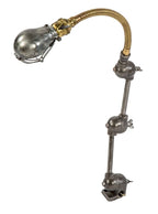 1920's american antique industrial brushed metal triple-jointed factory machine shop task lamp with brass coil gooseneck arm and bulb guard