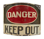 rare and highly sought after c. 1914 all original antique american industrial early "danger" gold mine sign comprised of porcelain enameled heavy gauge steel