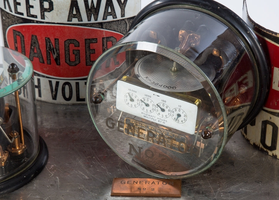 rare original and completely intact type d "generator 1" beveled and etched glass encased sangamo watthour meter from commercial building switchboard