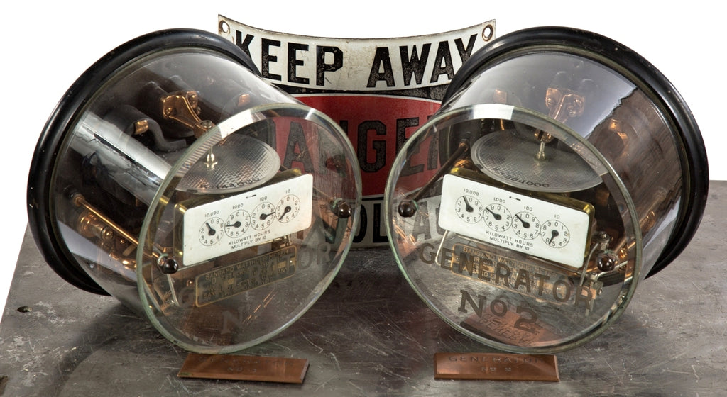 museum quality original and completely intact type d "generator 1" beveled and etched glass encased sangamo watthour meter from commercial building switchboard