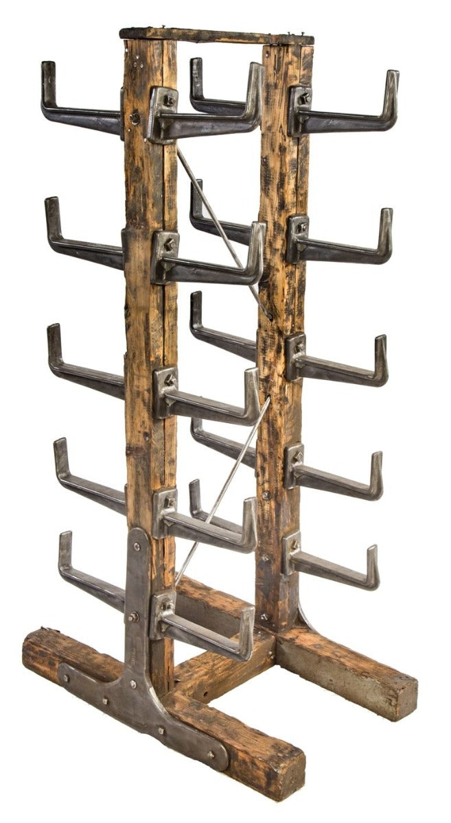 refinished original early 20th century robust factory machine shop custom-built pipe rack comprised of bolted wood and heavy duty cast iron brackets