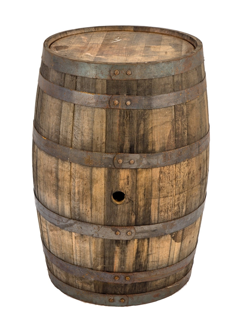 one of two matching oversized early 20th century robust solid oak wood american industrial barrels comprised of white oak staves and riveted joint hoops