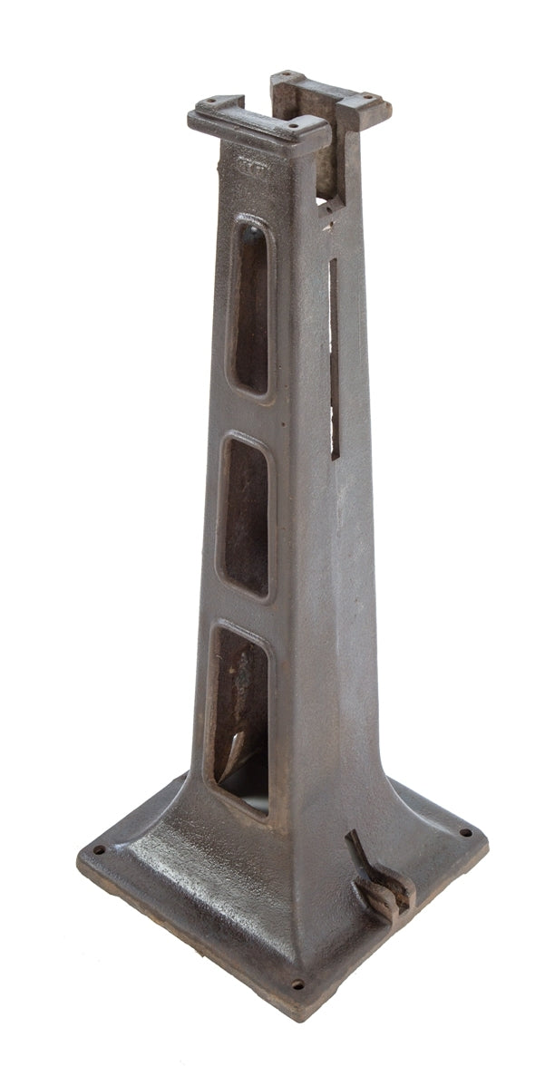 early 20th century robust cast iron freestanding brushed metal factory tapered grinder machine base with oversized perforated openings