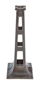 early 20th century robust cast iron freestanding brushed metal factory tapered grinder machine base with oversized perforated openings