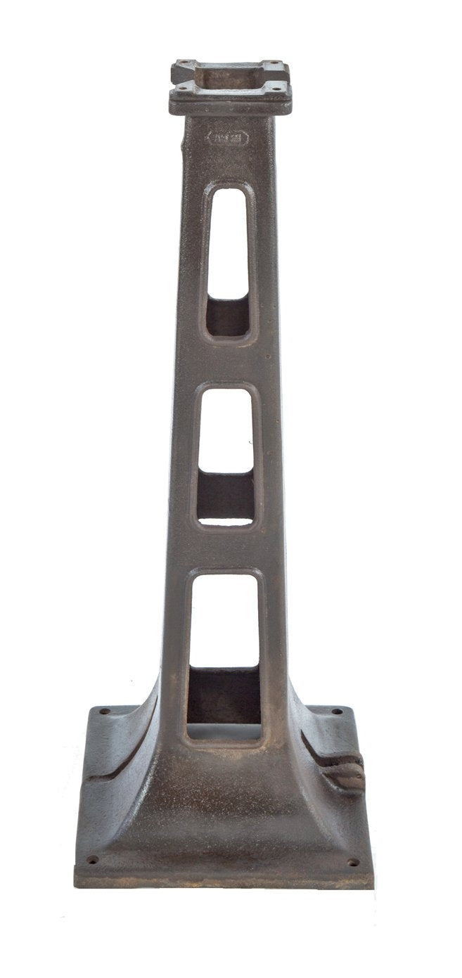 early 20th century robust cast iron freestanding brushed metal factory tapered grinder machine base with oversized perforated openings