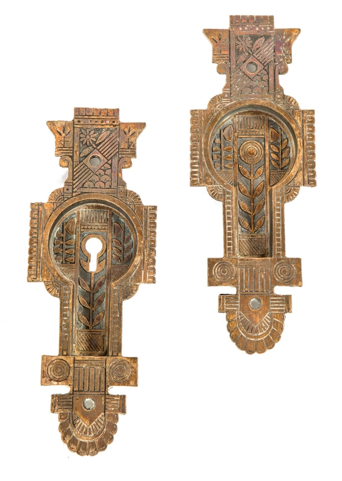 original early 1880's antique american ornamental cast bronze oversized aesthetic movement salvaged chicago three-flat residential pocket door escutcheons