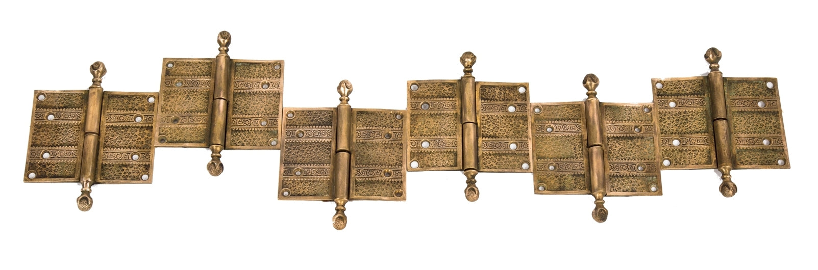group of six matching ornamental cast brass antique american "ivy" pattern interior residential salvaged chicago eastlake style door hinges with ball and claw finials