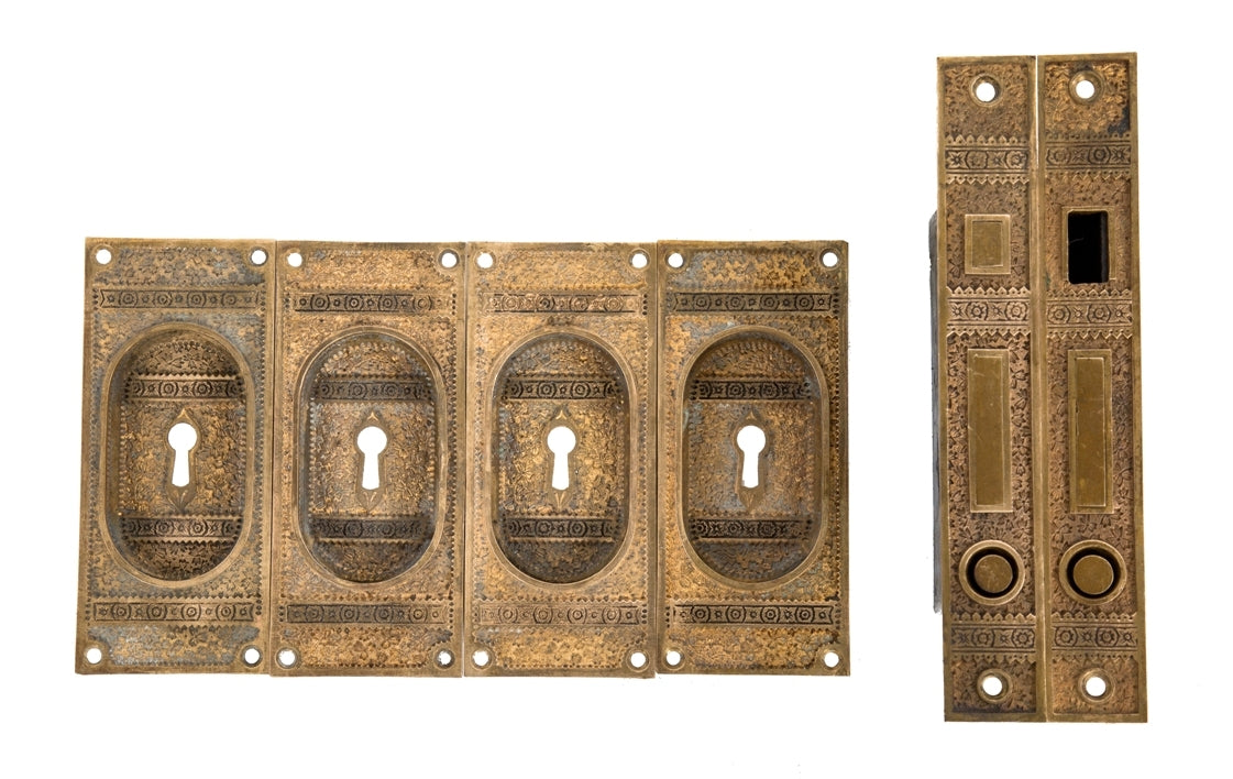 original and fully functional c. 1880's eastlake style antique american ornamental cast brass "ivy" pattern interior residential double pocket door hardware