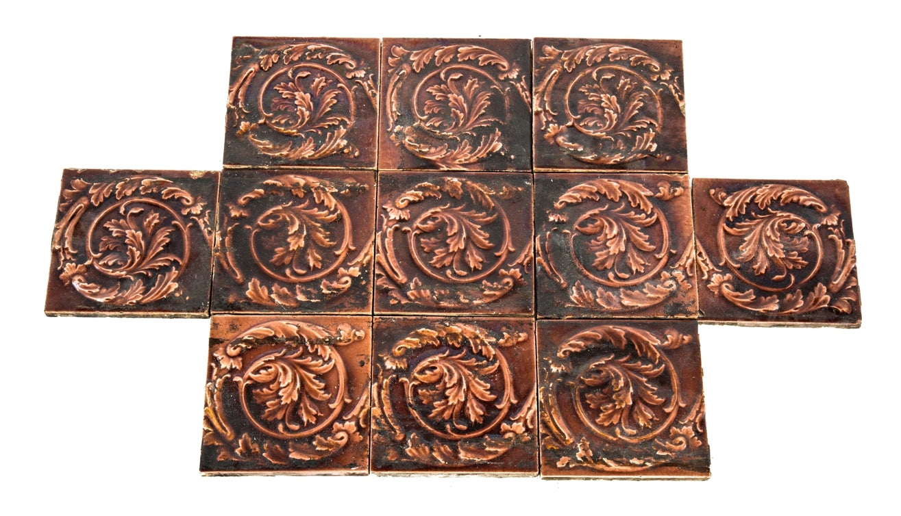 several matching original 19th century salvaged chicago interior residential victorian majolica glazed fireplace surround tiles with allover surface crazing