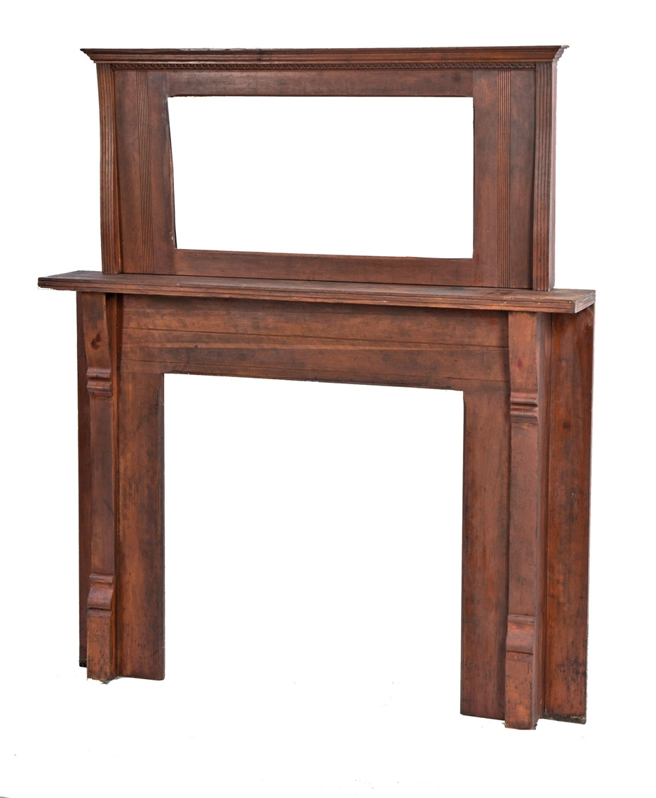 original late 19th century antique american eastlake style solid cherry wood salvaged chicago full fireplace mantel with original beveled edge glass mirror