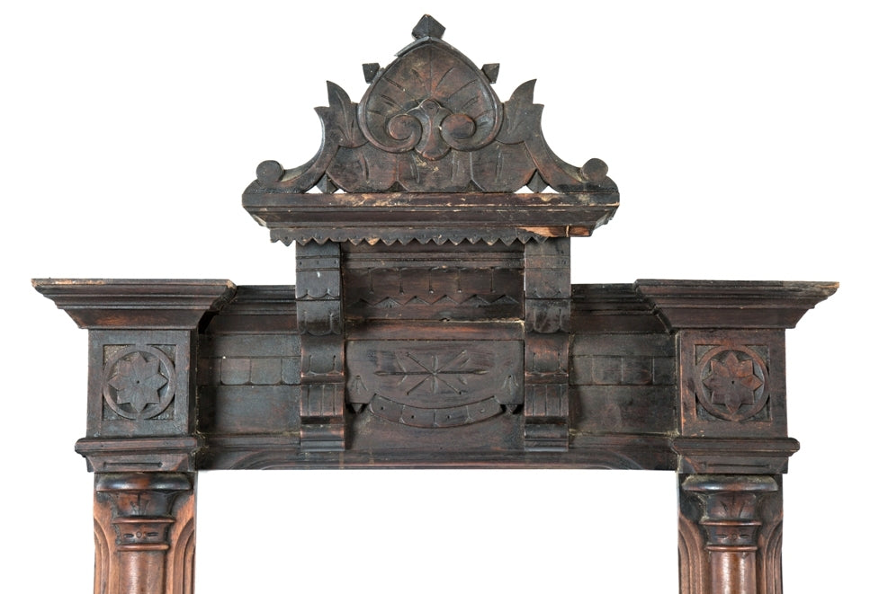 extraordinary 19th century american victorian era hand-carved solid walnut wood chicago row house overmantel with original and intact french cut glass mirror