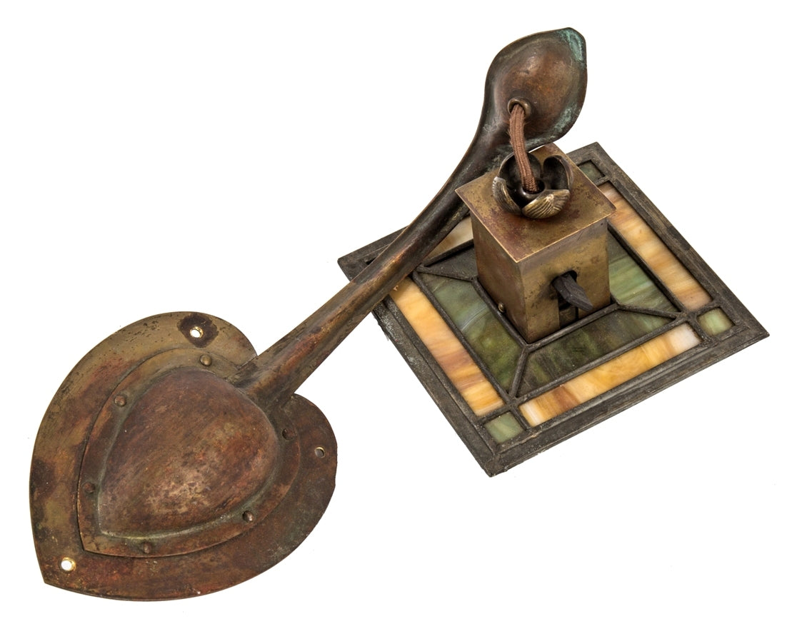 early 20th century american arts & crafts and/or prairie style rewired hand-wrought brass art glass wall sconce with nicely aged surface patina