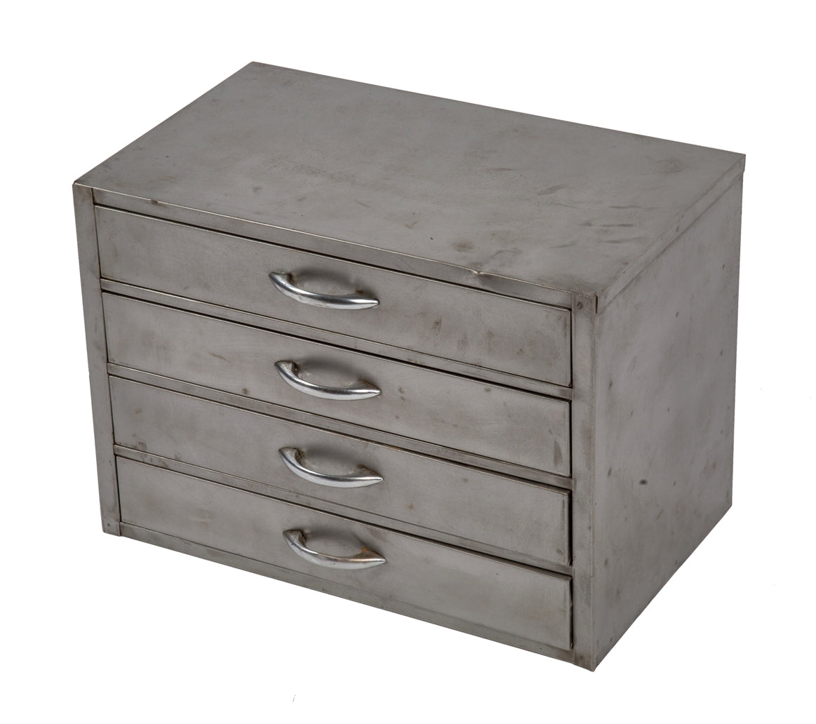 refinished vintage american industrial lightweight pressed and folded steel salvaged chicago four-drawer hardware store metal spring and coil storage cabinet