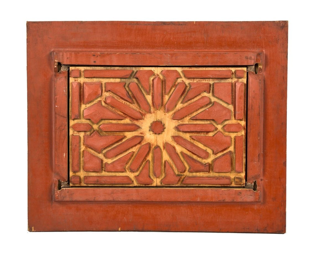 c. 1987 painted red solid wood "follow" board used to fabricate interior rookery building cast iron staircase replacement balusters