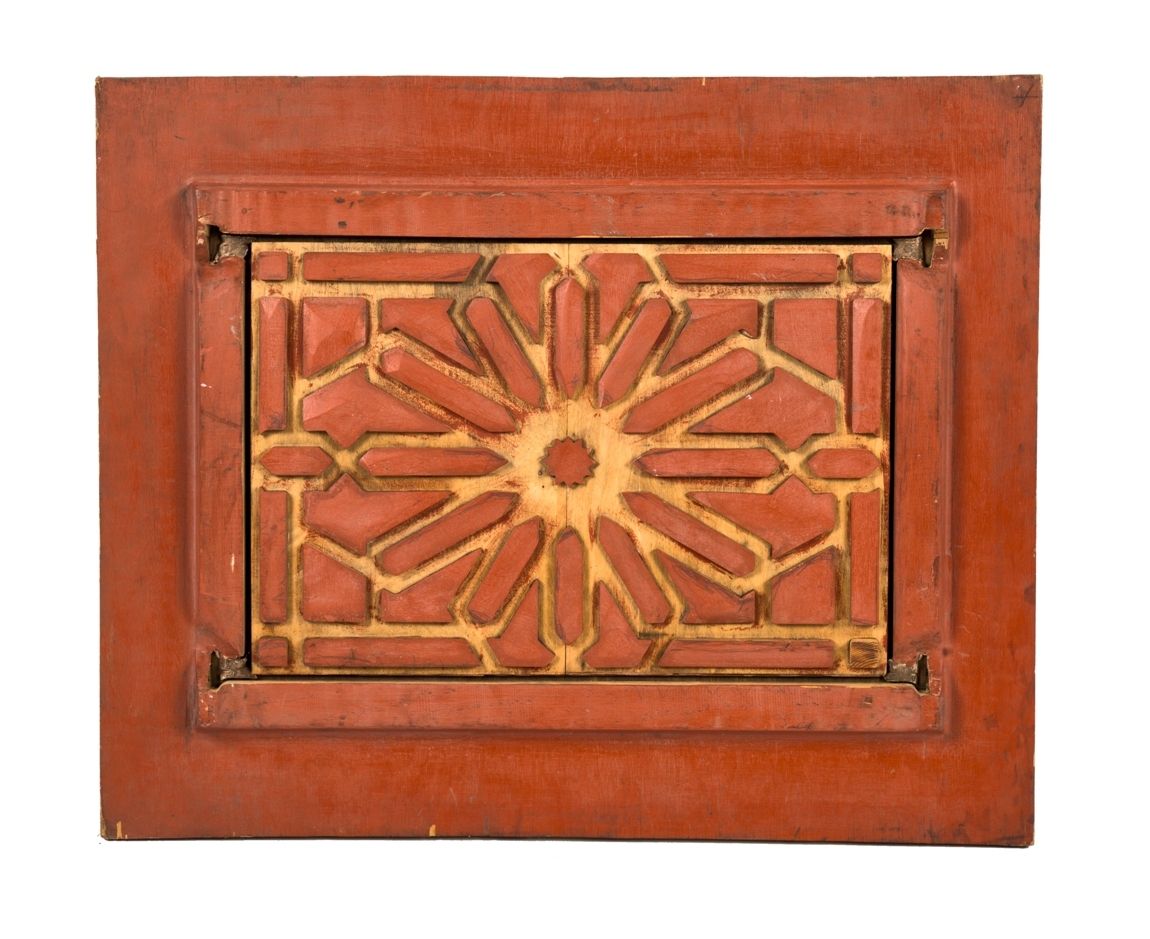 c. 1987 painted red solid wood "follow" board used to fabricate interior rookery building cast iron staircase replacement balusters