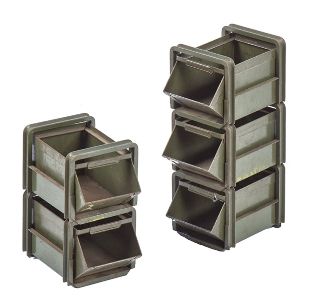 matching lot of five original single-sided vintage american industrial reinforced heavy gauge riveted joint green enameled metal "hopper" boxes or bins