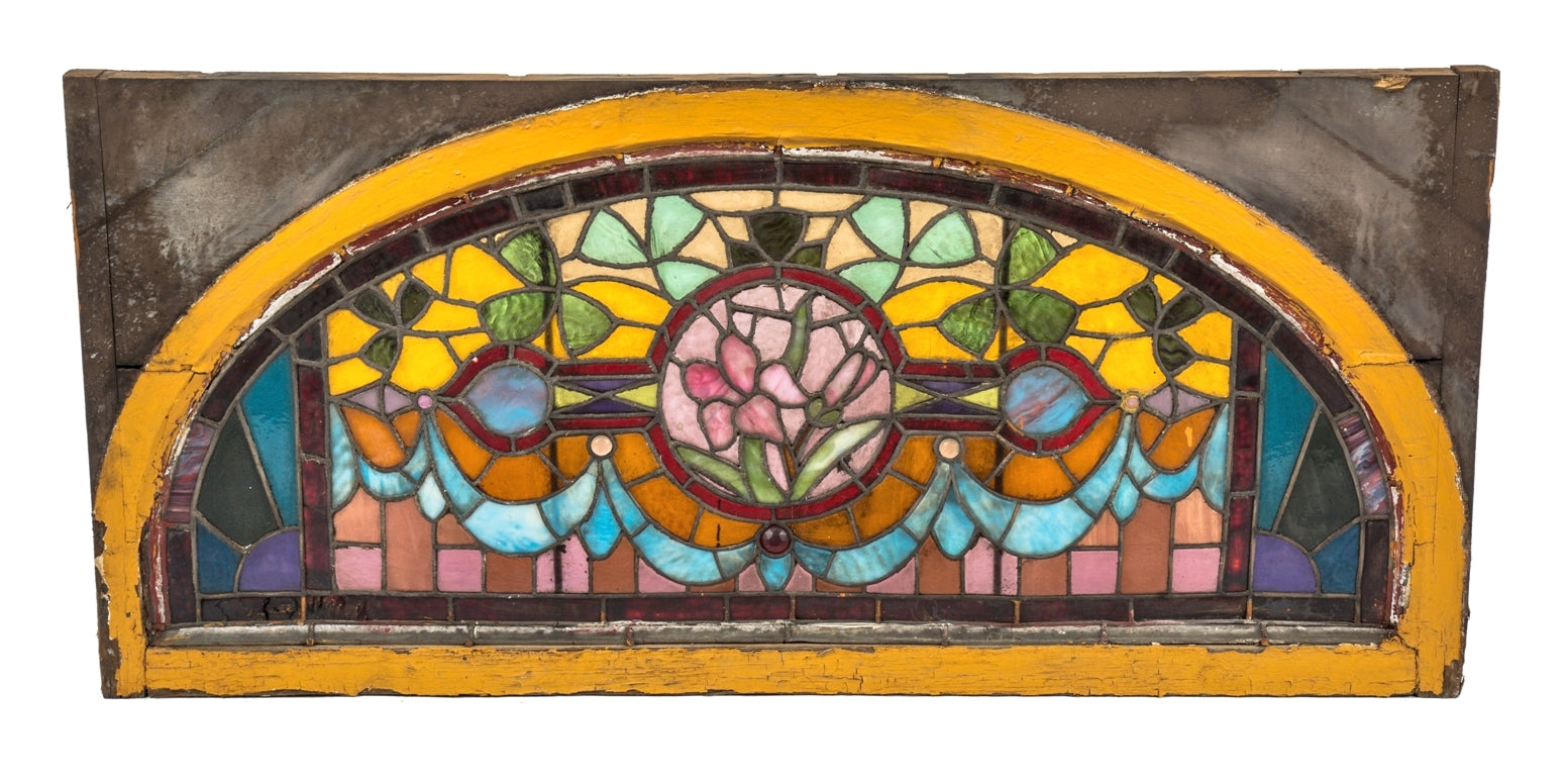 stunning 1880's richly colored all original interior residential salvaged chicago mansion oversized stained glass lunette window with intact wood sash frame