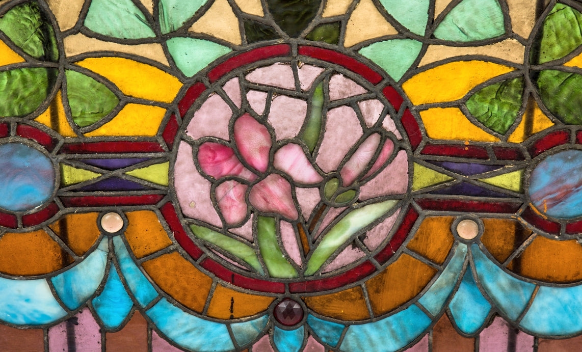 stunning 1880's richly colored all original interior residential salvaged chicago mansion oversized stained glass lunette window with intact wood sash frame