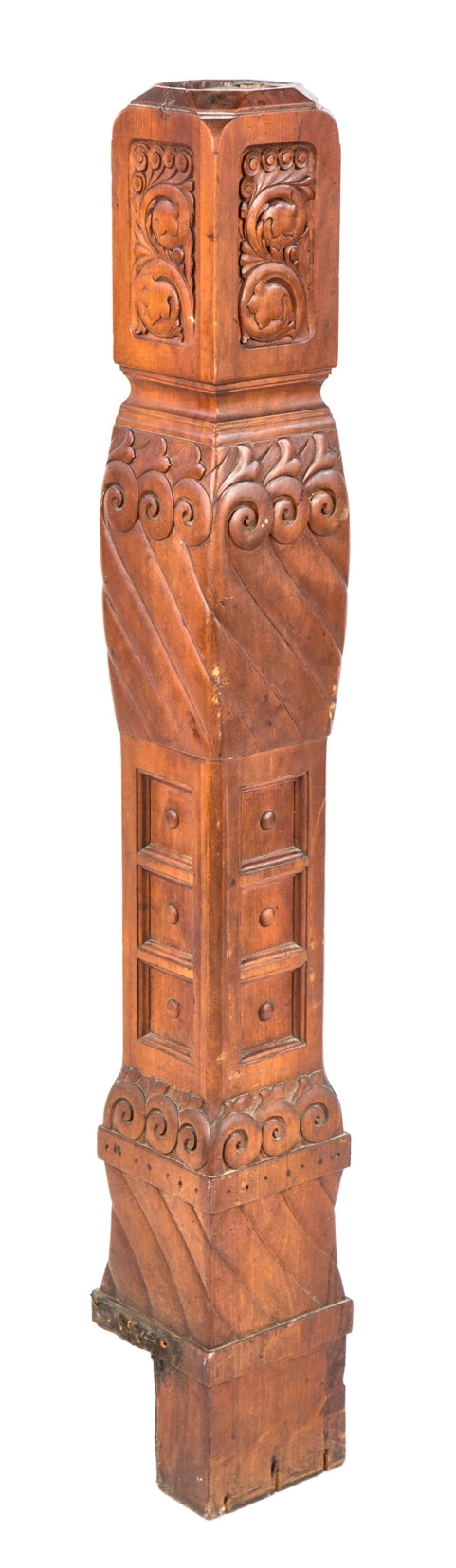extraordinary c. 1880's hand-carved solid cherry wood american eastlake style interior residential staircase newel post with original and mostly uniform finish